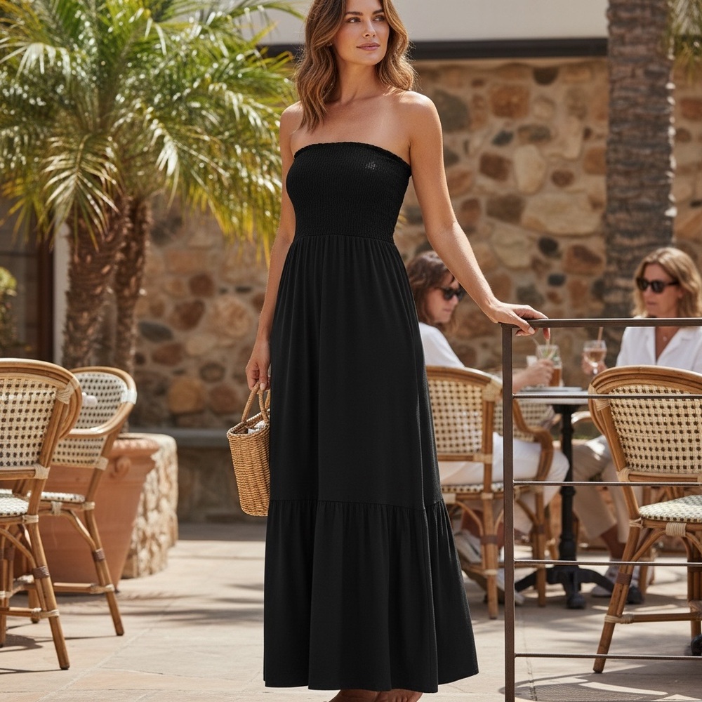 aerie Black Strapless Smocked Maxi Dress